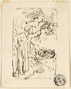 Skitse af figur lænet på stok af Thomas Stothard