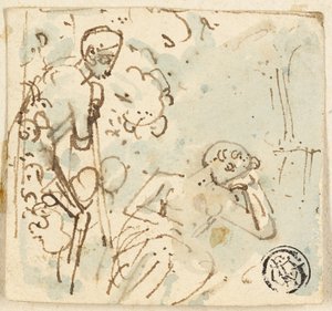 Skitse af mand, der læner sig op ad personalet, ser på sovende kvinde af Thomas Stothard