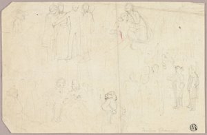 Skitser til Tristram Shandy (recto); Skitser af medaljon med siddende allegorisk figur (verso) af Thomas Stothard