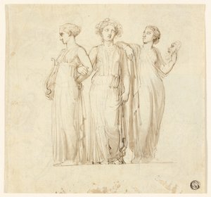 Tre muser (rekto); Studie af ridder og munk til en illustration i en gotisk roman (verso) af Thomas Stothard