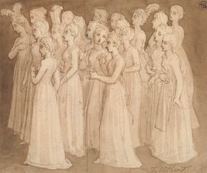 Tyve unge piger i en gruppe, der går til venstre af Thomas Stothard