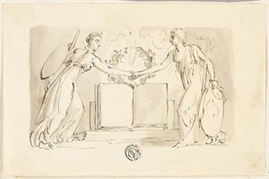 To allegoriske kvindefigurer, der slår hænderne foran bogen af Thomas Stothard