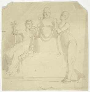 To kvindefigurer med buste af Thomas Stothard