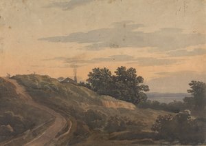 Bakket landskab med hus, sti og figurer af Thomas Sully