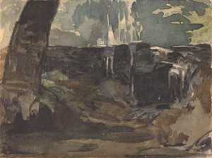 Klippelandskab, stor træstamme i forgrunden af Thomas Sully