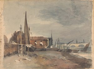 Kystscene med bygninger og både af Thomas Sully