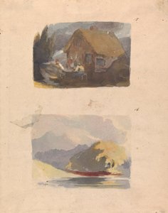 To Tegninger paa ét Ark: Sommerhus med Figurer foran (nr. 15); Landskab med flod og bjerge - solskin (nr. 16) af Thomas Sully