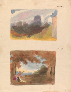 To tegninger på ét ark: Landskab med slot - moderne måde (nr. 13); Landskab med figurer i forgrunden (nr. 14) af Thomas Sully