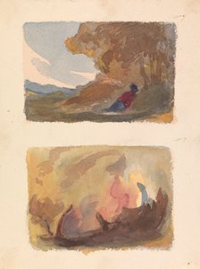 To tegninger på ét ark: Landskab med figur lænet mod bakke - Tizian og venetiansk skole (nr. 7); Landskab - Forskellige vandfarvevaske (nr. 8) af Thomas Sully