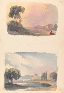 To tegninger på ét ark: Landskab med bjerge i afstand og siddende figurer i forgrunden (nr. 1); Landskab med flod og bygning, bjerge i afstand (nr. 2) af Thomas Sully