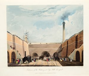Indgangen til jernbanen ved Edge Hill, Liverpool, 1831 (håndfarvet gravering) af Thomas Talbot Bury