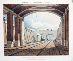 Udsigt fra under Hampstead Road Bridge, med udsigt mod stationen ved Euston Square, 1837 (håndkoloreret gravering) af Thomas Talbot Bury