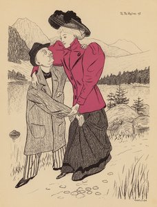 Nygift par på bryllupsrejse (farvelitografi)