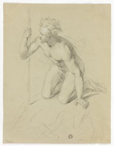 Knælende nøgen mand med stav i hånden (recto); alpepanorama (verso) af Thomas Uwins