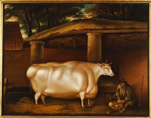 Den hvide kvie, der rejste, med en mand, der skærer majroer i en staldgård, 1811 af Thomas Weaver