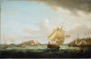 Et handelsskib og andre fartøjer ud for Cornet Castle på Guernsey i England. Olie på lærred, ca. 1796, af Thomas Whitcombe (1763-1825). af Thomas Whitcombe