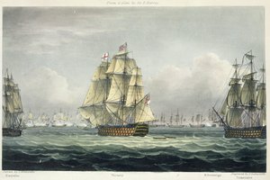 HMS Victory sejler mod den franske linje flankeret af Euryalus og HMS Temeraire i slaget ved Trafalgar, 21. oktober 1805, graveret af T. Sutherland til "The Naval Chronology of Great Britain".