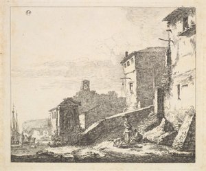 Landsbyscene med kvinde stående ved siden af en siddende mand kopi, 1600-tallet.