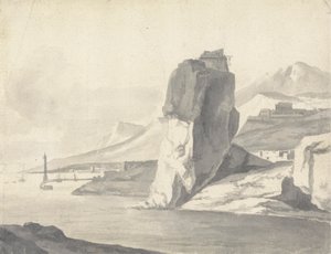 En kystscene (italiensk) med bølgebryder, høje klipper og et fort