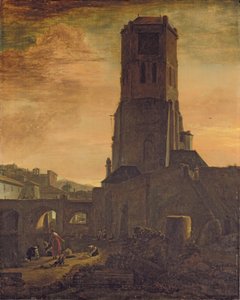 Vaskekoner ved foden af et tårn (olie på panel) af Thomas Wyck