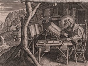 Sankt Evagrius Ponticus fordybet i sine studier, radering og gravering af Thomas de Lieu (1560-1612)