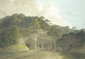 Indgangen til Elephanta-grotten, billede 58 fra "Oriental Scenery: Twenty Four Views in Hindoostan", udgivet i 1800 af Thomas und William Daniell