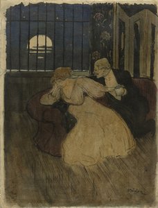Herre i nederdel forsøger at overtale en tvivlende dame på en sofa af Théophile Alexandre Steinlen