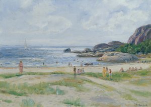 Mennesker, der bader (olie på lærred) af Thorolf Holmboe