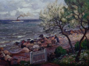 Sommerlandskab med havelåge og kvinde (olie på lærred)
