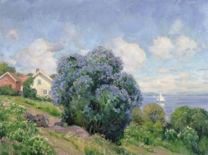 Sommerlandskab med syrenbusk, hus og sejlbåd (olie på lærred)