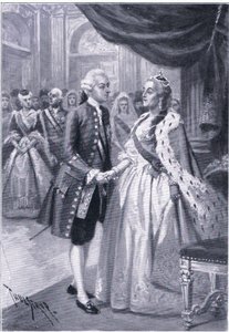 Møde mellem Catherine II af Rusland og Joseph II af Østrig, illustration fra Landmarks in European History udgivet af Gresham Publishing Co, ca. 1920 (litho) af Thure de Thulstrup