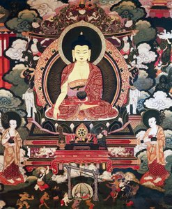 Buddha siddende mellem sine to store disciple Cariputra og Maudgalyayana, scener fra Buddha Sakyamunis liv, tibetansk civilisation af Tibetan School