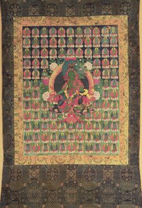 Grøn Tara, (gouache og forgyldt på bomuld) af Tibetan School