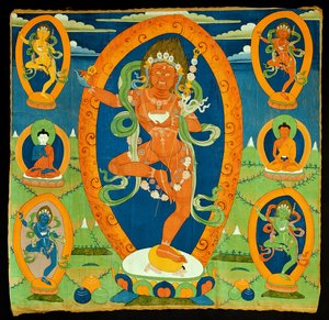 Thangka-maleri, der forestiller Dakini Vajravarahi (Do rje pag mo) tibetansk, 1800-tallet (hundesyge på calico) af Tibetan School