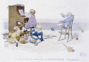 Børns spil: børn, der spiller forskellige musikinstrumenter - dess. de Lobrichon, red. af Phosphatine Falières, v.1920 af Timoleon Marie Lobrichon