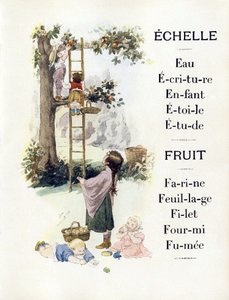 Bogstaverne E og F repræsenterer børn, der bager appelsiner, slutningen af det 19. århundrede (kromolitografi) af Timoleon Marie Lobrichon