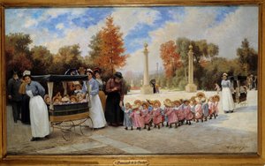 Går man fra vuggestuen til Tuileries Sygeplejersker går børn med vogne. Maleri af Timoleon Lobrichon (1831-1914) 1800-tallet. Privat samling - Promenade of Children i Tuileries-haverne. Barnepige går tur med børn i vogne. Maler af