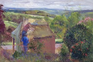Thatching the Summer House, Lanhydrock House, Cornwall, 1993 af Timothy Easton
