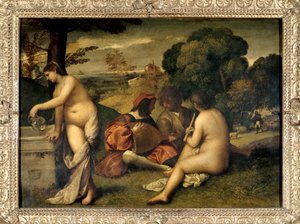 Bandkoncerten Musikere på græsset, de to kvinder er nøgne, en af dem fyldte sin kande med vand i et springvand. Maleri tilskrevet Tiziano Vecellio dit le Titian (1485-1576) eller Giorgio da Castelfranco dit Giorgione (1476/1478-1510) Søn. 1,05 X 1