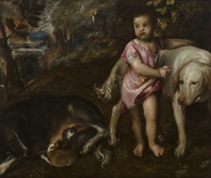 Dreng med hunde i et landskab