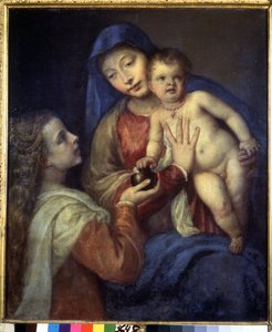 Madonna og barn med Maria Magdalena. Maleri af Titian (Tiziano Vecellio eller Vecelli eller Tiziano da Cador