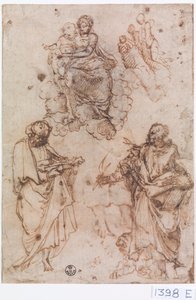 Madonna og barnet siddende på skyer med helgener eller apostle (pen  blæk på papir)