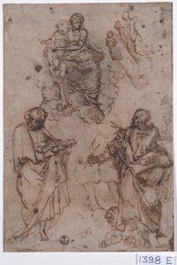 Madonna og barnet siddende på skyer med helgener eller apostle (pen  blæk på papir)