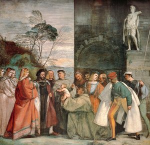 Miracle of Newborn Infant, detalje fra Scener fra Life of St Anthony of Padua, af Titian (ca 1490-1576), fresco, School of Saint or Scoletta, Padua af Titian (c.1488 1576)