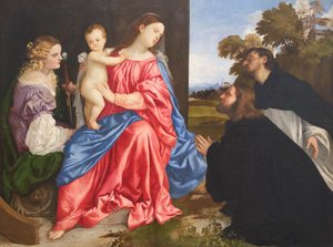Hellig samtale med de hellige Catherine og Dominic og donoren, ca. 1533 (olie på lærred) af Titian (c.1488 1576)