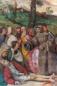 St. Anthony sætter foden fast på en ung mand, School of the Saint, detalje fra 2197268 (fresco) af Titian (c.1488 1576)