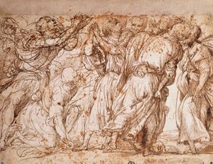 Studie af gruppen af apostle i Frari-kirken i Venedig, Tiziano Vecellio (ca 1490-1576), pen- og blæktegning af Titian (c.1488 1576)