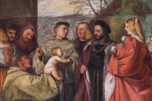 Babyen, der proklamerer Moderens uskyld, den nordlige mur, Helgenskolen, detalje fra 2195188 og 2195385 af Titian (c.1488 1576)