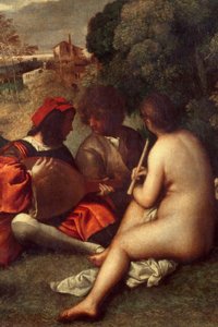 Bandkoncerten Musikere på græs, kvinder er nøgne. Detalje. Maleri tilskrevet Tiziano Vecellio dit le Titian (1485-1576) eller Giorgio da Castelfranco dit Giorgione (1476/1478-1510) Søn. 1,05 X 1,36 m Paris, musee du Louvre