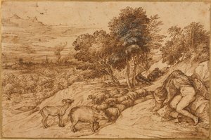 Et træagtigt landskab med en nøgen kvinde, hendes hoved skjult af en kappe (pen og brunt blæk på flødepapir) af Titian (c.1488 1576)